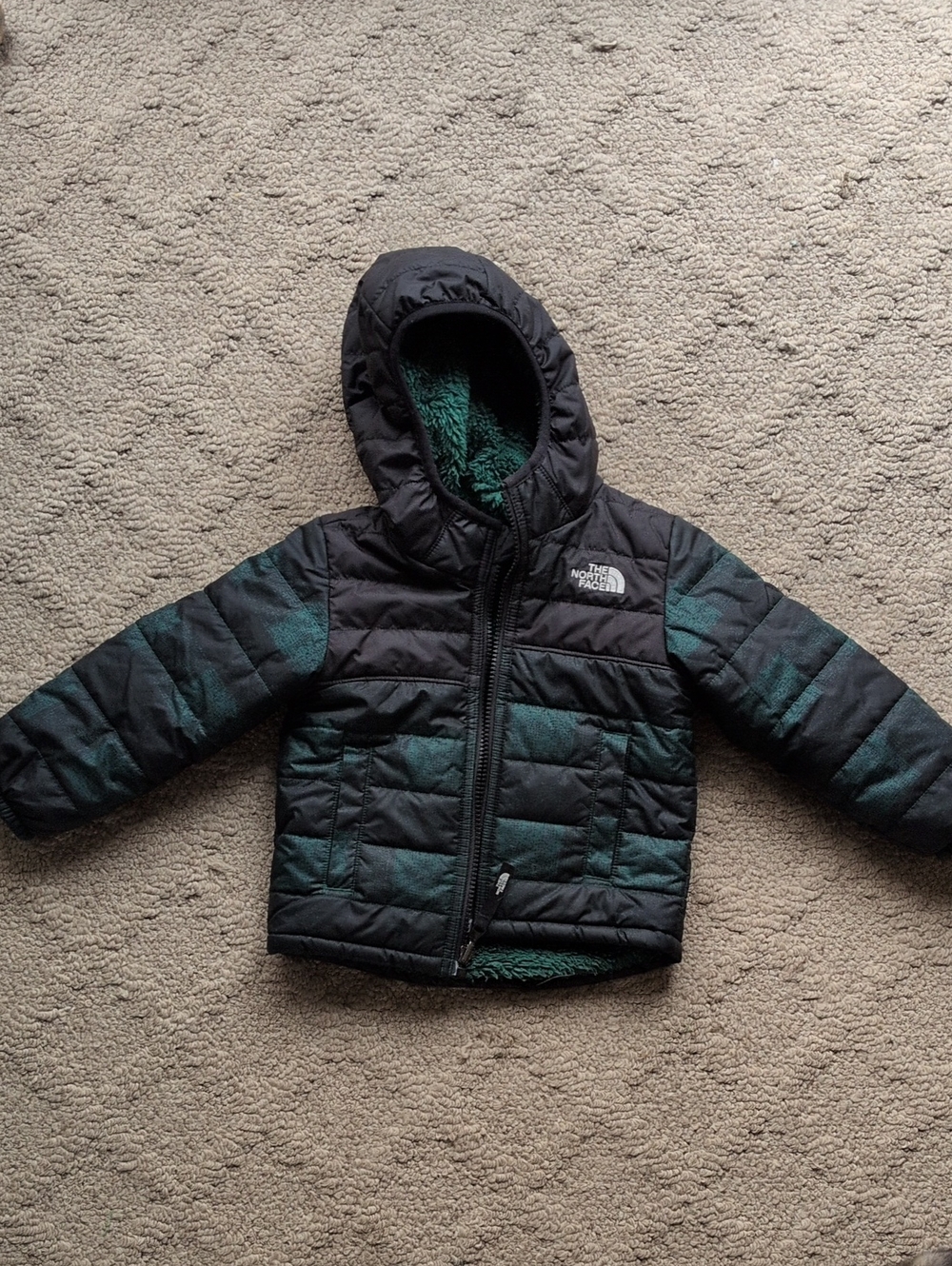 The North Face Kids' Hooded Puffer Jacket in Black and Teal Green Reversible